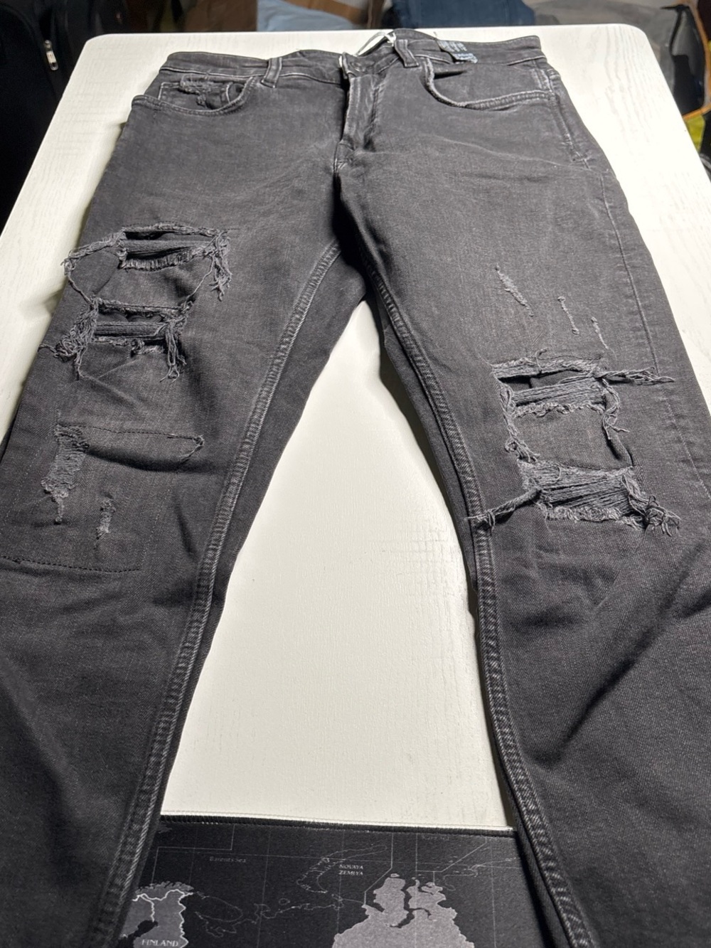 Zara Men's Skinny Ripped Jeans - Washed Charcoal Black